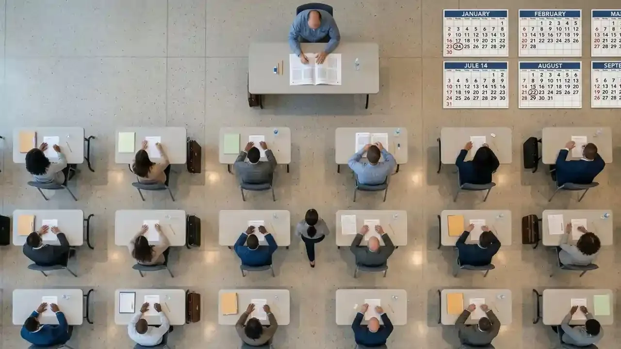 A classroom filled with aspiring public adjusters attempting an exam