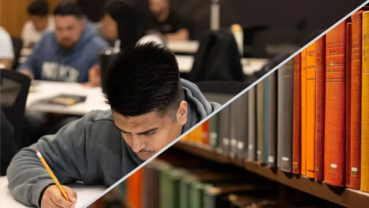 A collage of a roofing license applicant studying besides an image of a row of roofing books