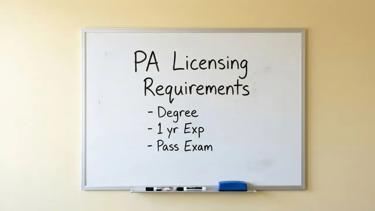 A white board on a yellow wall that says PA licensing requirements