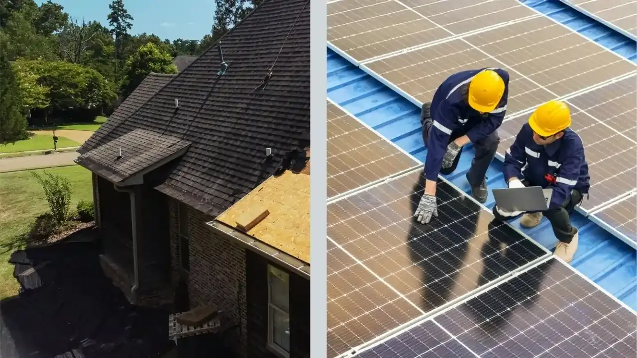 Side by side images of a commercial and residential roofing project underway