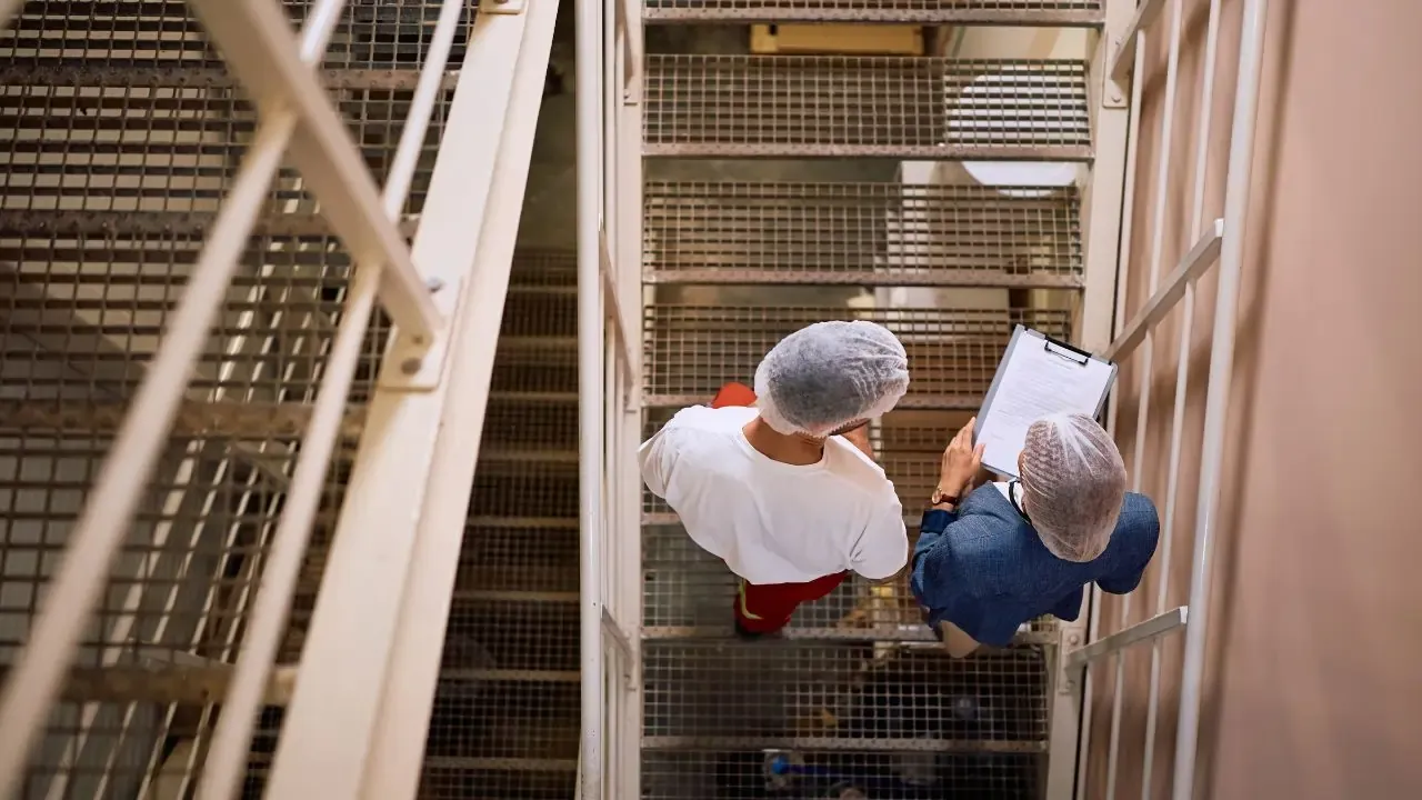 Two roofers on stairs looking at a report