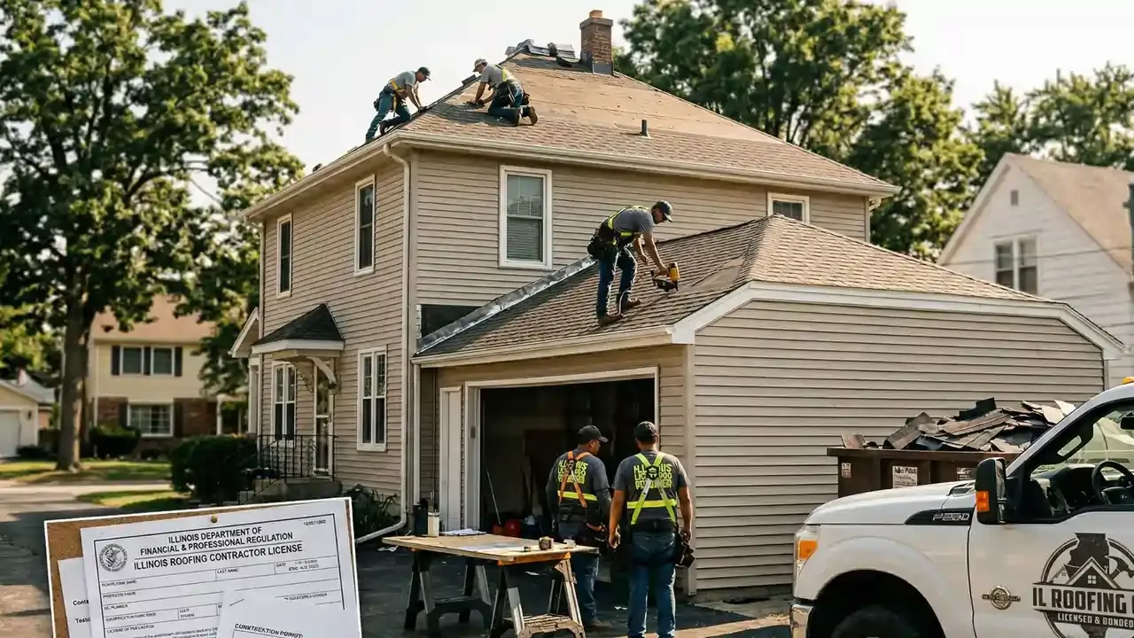 Illinois Roofers working on a garage with the license application form displayed in the lower left side