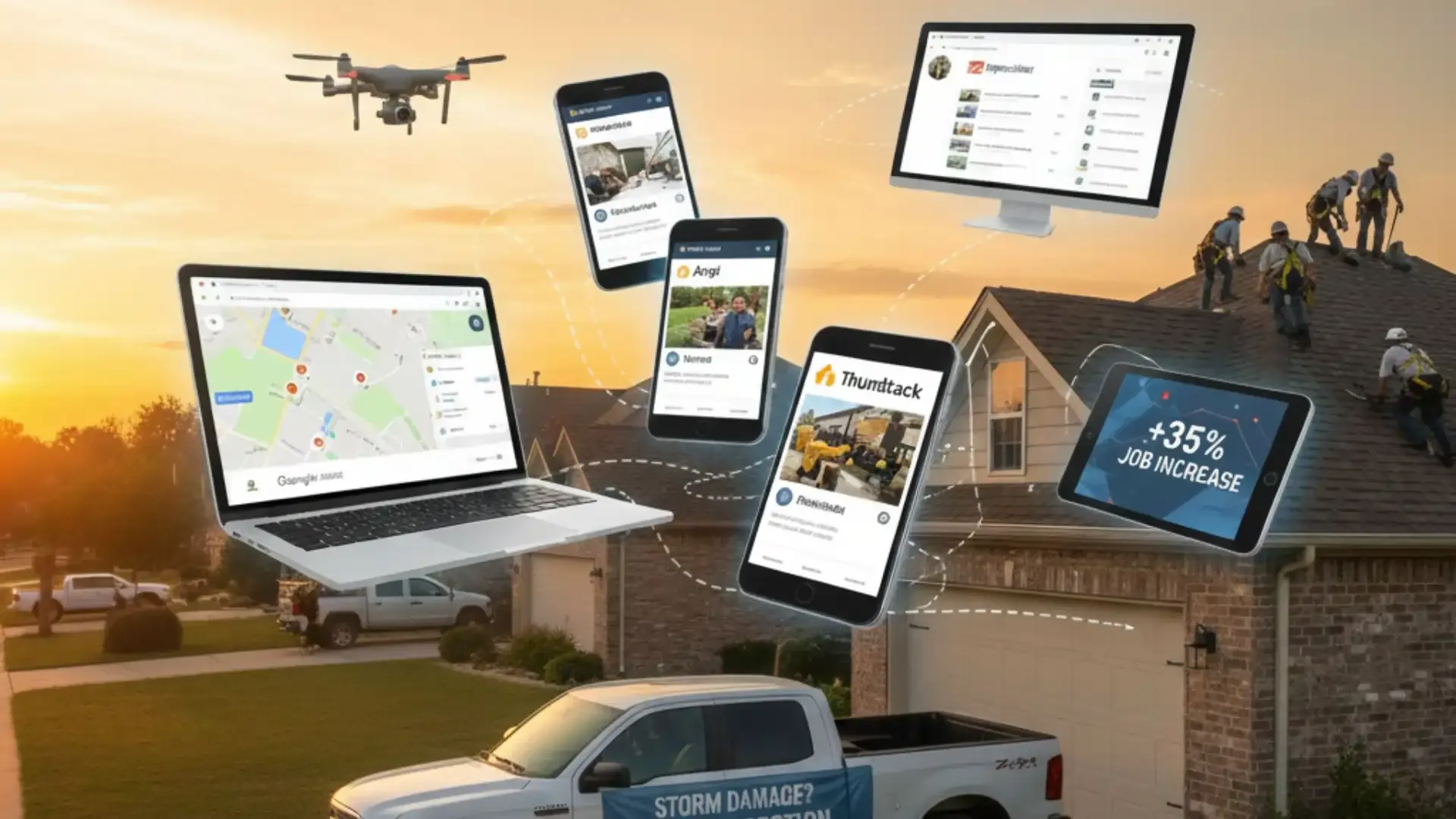 An image that shows roofers on a house roof with various electronic devices floating near the house