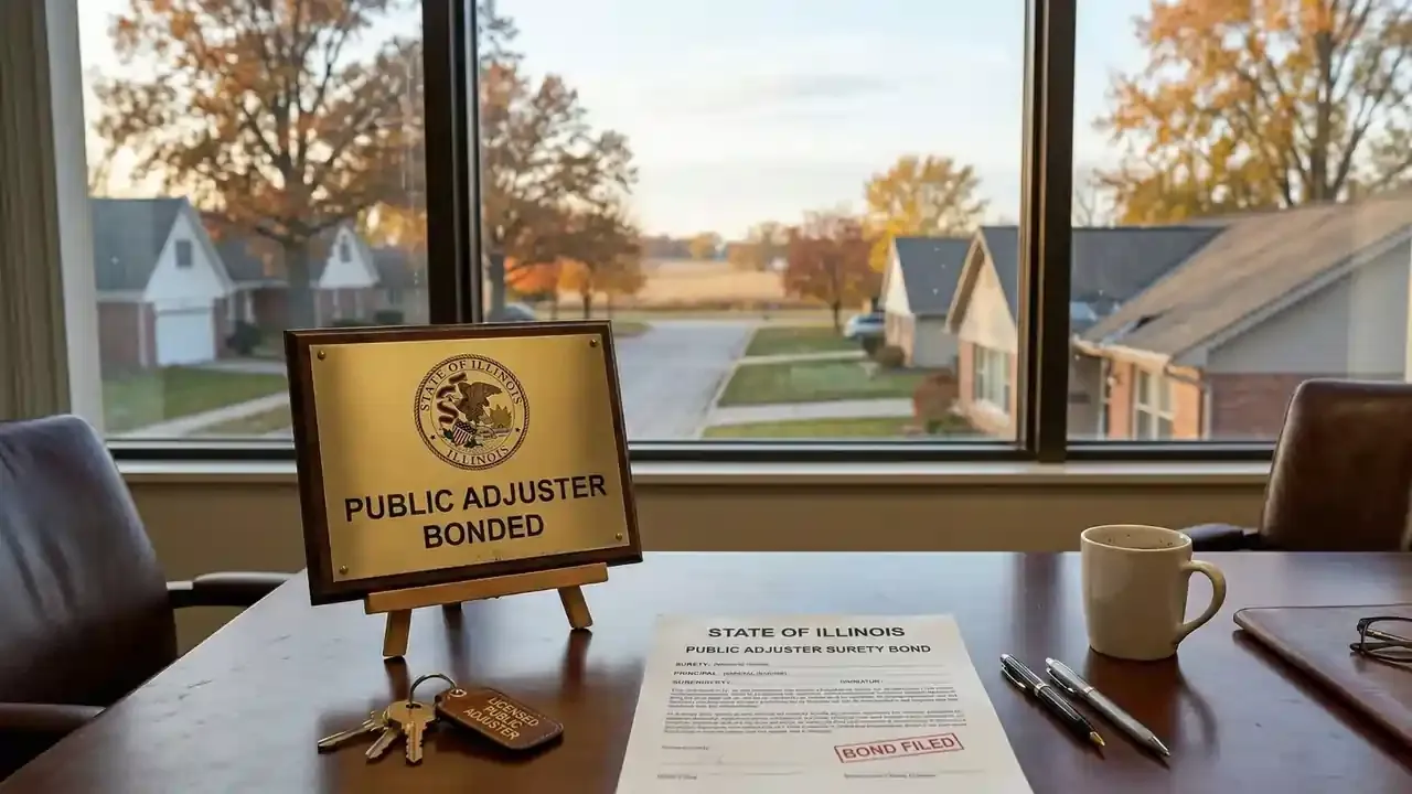 A dark brown dable with a plaque that says bonded adjuster and a surety bond application