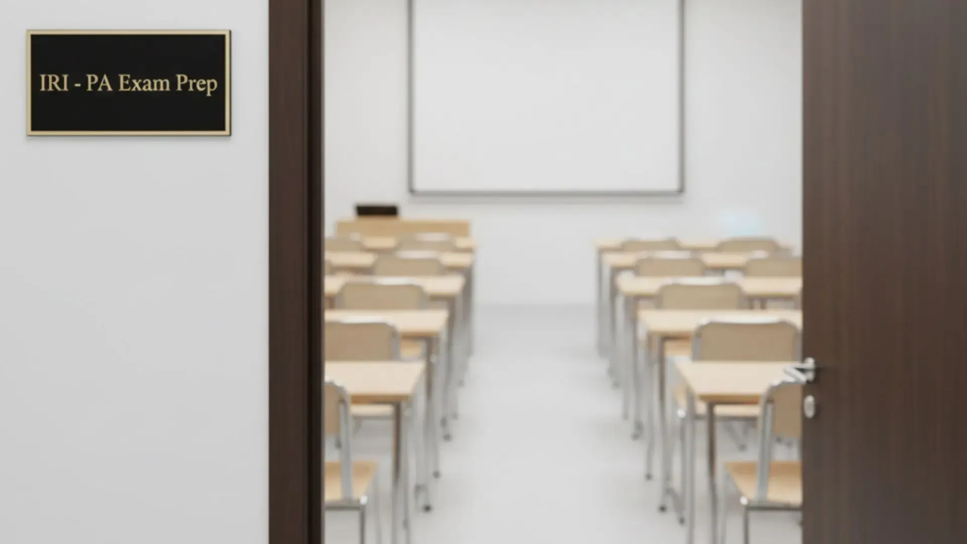 A classron with a plaque by an opened door that says IRI - PA Exam Prep