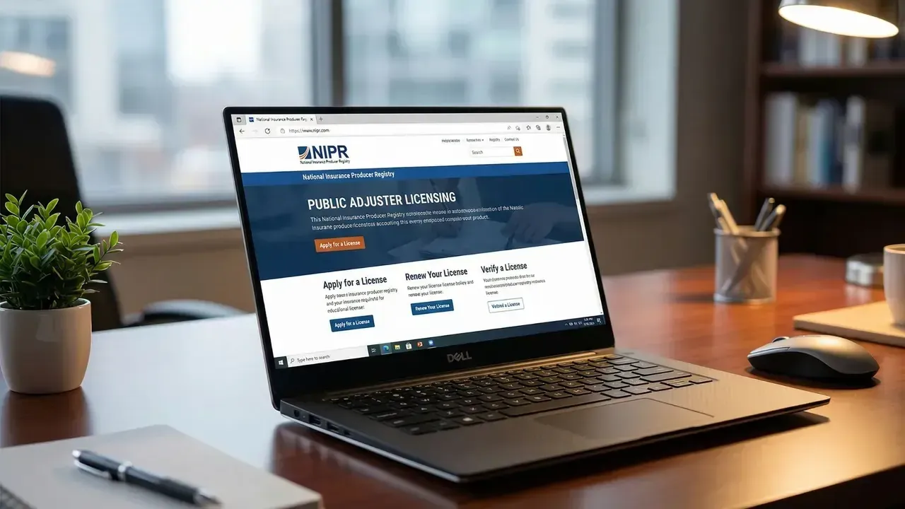 A table with an open laptop showing the Illinois public adjuster license renewal website