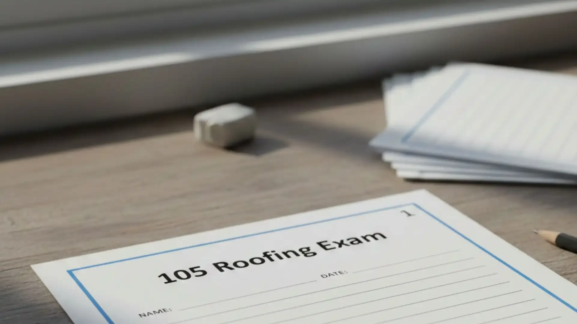An exam with the words 105 roofing exam on a table in a well lit room