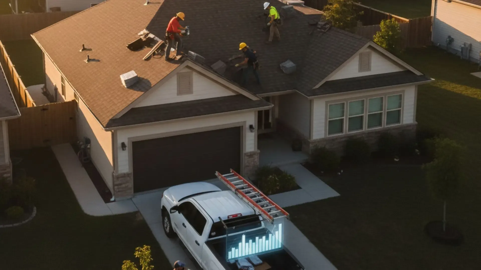 Roofers working on a roof, with a white truck standing near their house