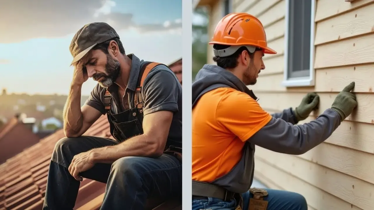 Two roofers sitting side by side, one is working, while the other is dejected and unemployed