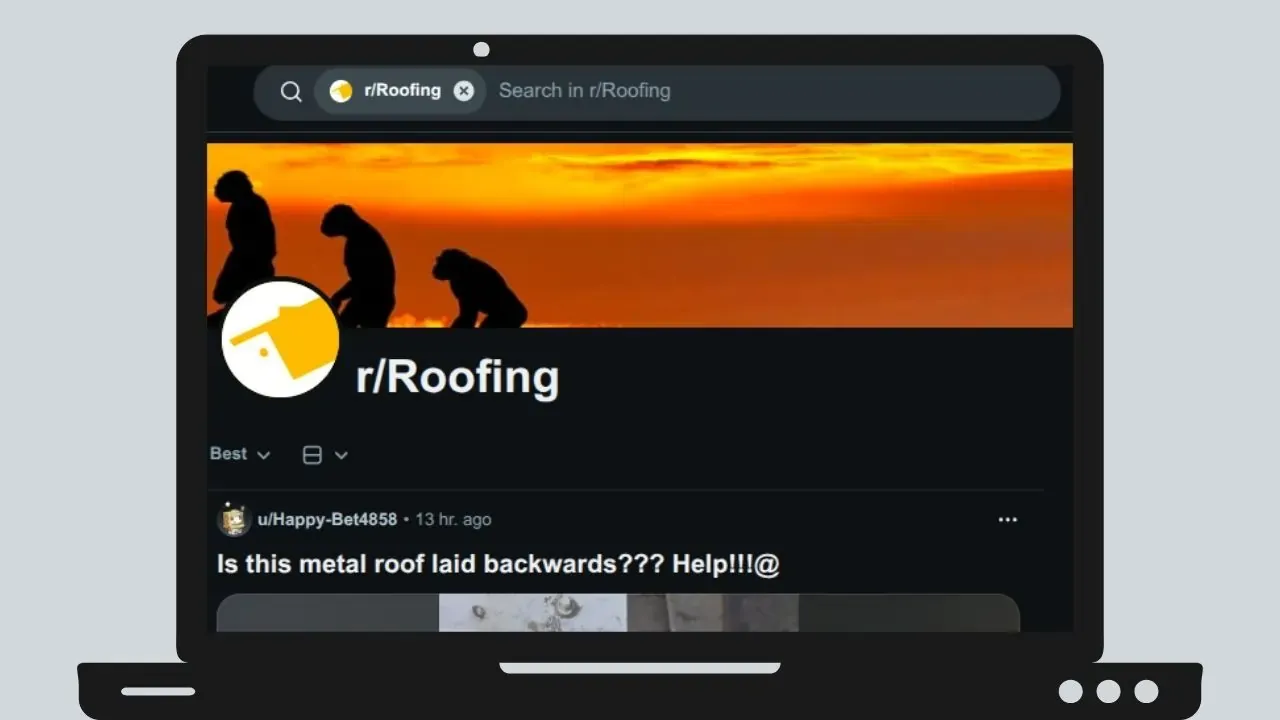 A laptop screen showing a full view of the r/roofing forum on reddit