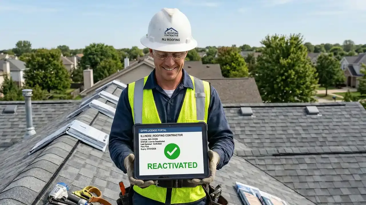 An Illinois roofer holding a wide screen tablet that shows the IDFPR license reactivation form