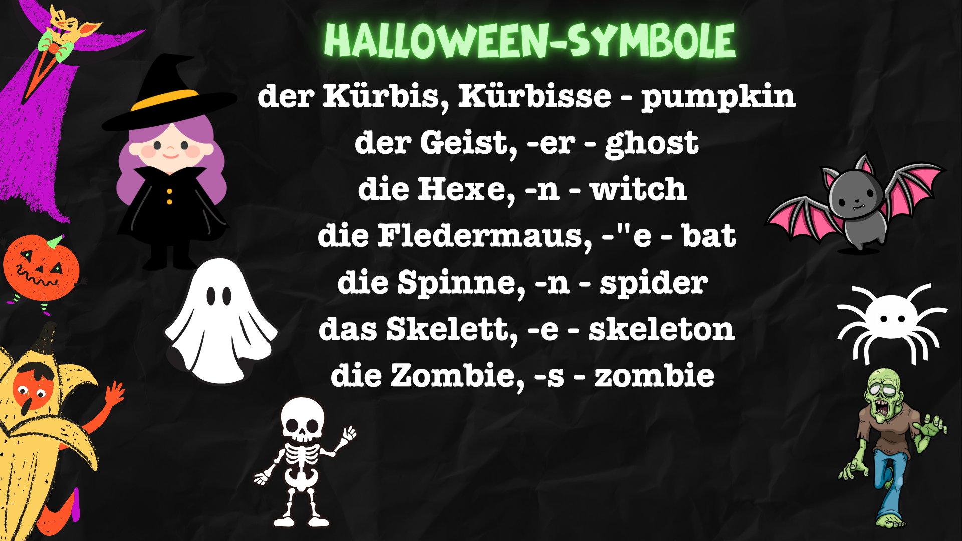 Halloween Symbole: Kürbis, Geist, Hexe, Fledermaus, Spinne, Skelett, Zombie
