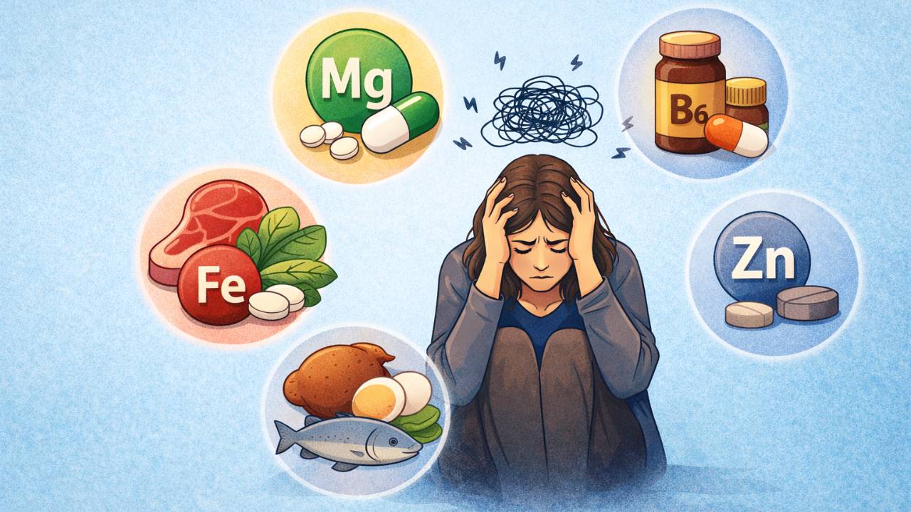 Illustration of a woman experiencing anxiety surrounded by icons representing key nutrients including magnesium, B vitamins, protein, iron, and zinc