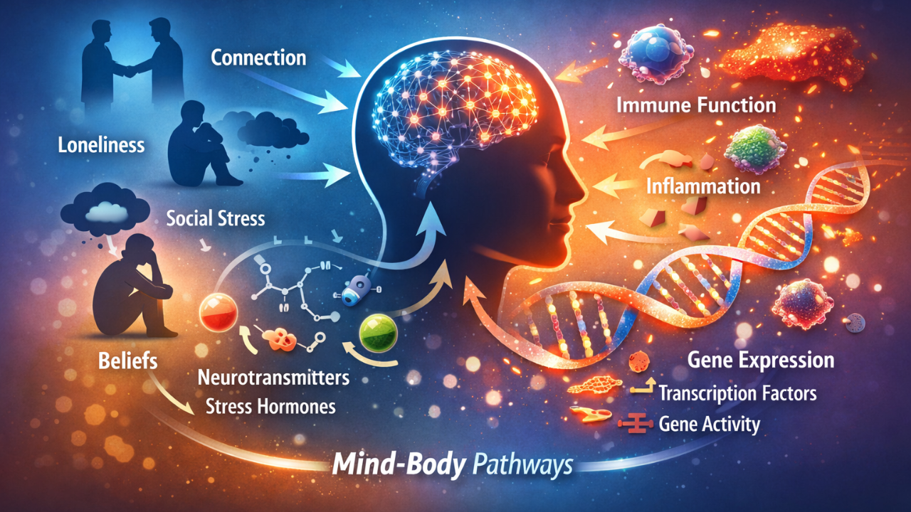 Illustration showing how beliefs and social experiences influence brain signaling, immune pathways, and gene expression through mind–body connections.