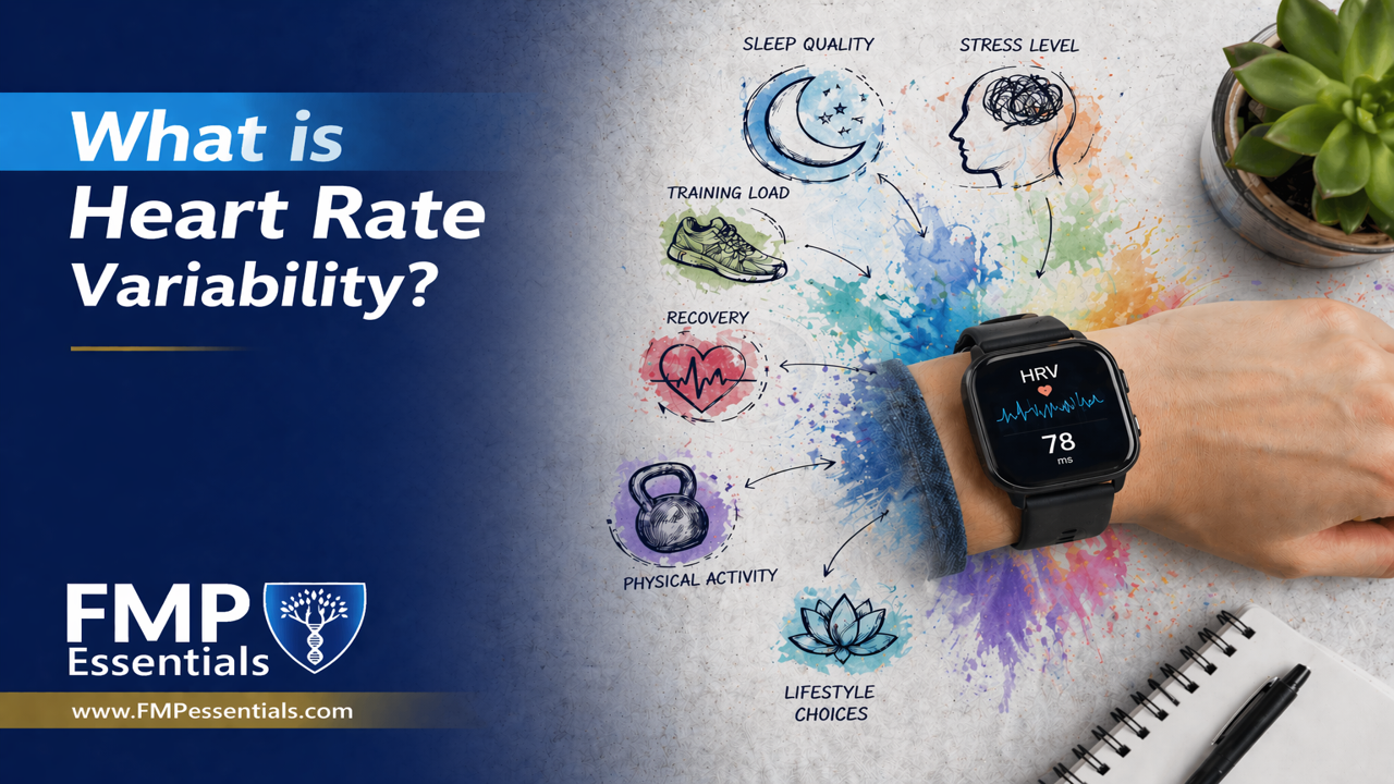 Infographic explaining heart rate variability (HRV) with wearable device and icons for sleep, stress, recovery, and lifestyle factors