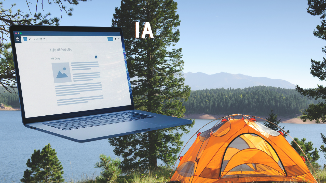 Paysage de camping avec un ordinateur portable ouvert sur l'IA