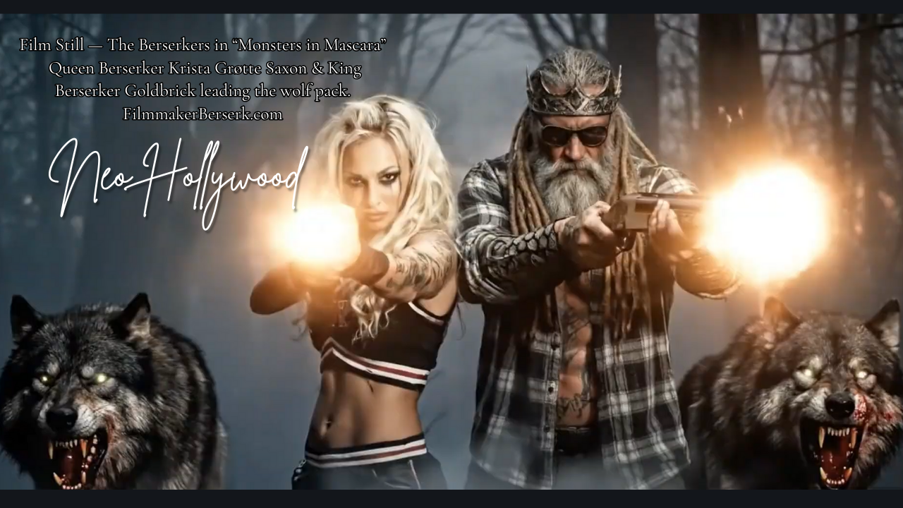 “Queen Berserker Krista Grotte Saxon and King Berserker Goldbrick — Neo Hollywood™ cinematic scene.”