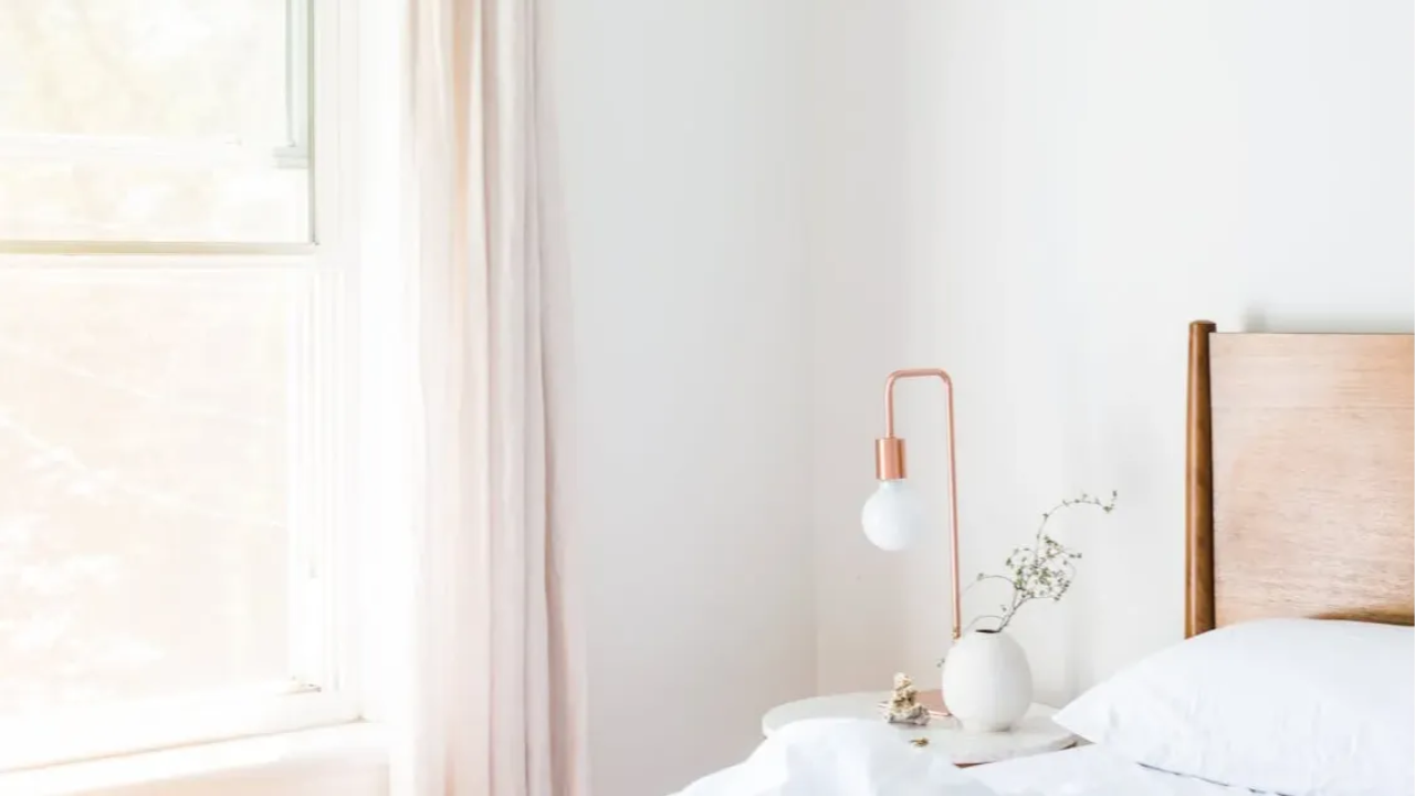 comfortable bed with tableside, deep sleep, calm, solemn