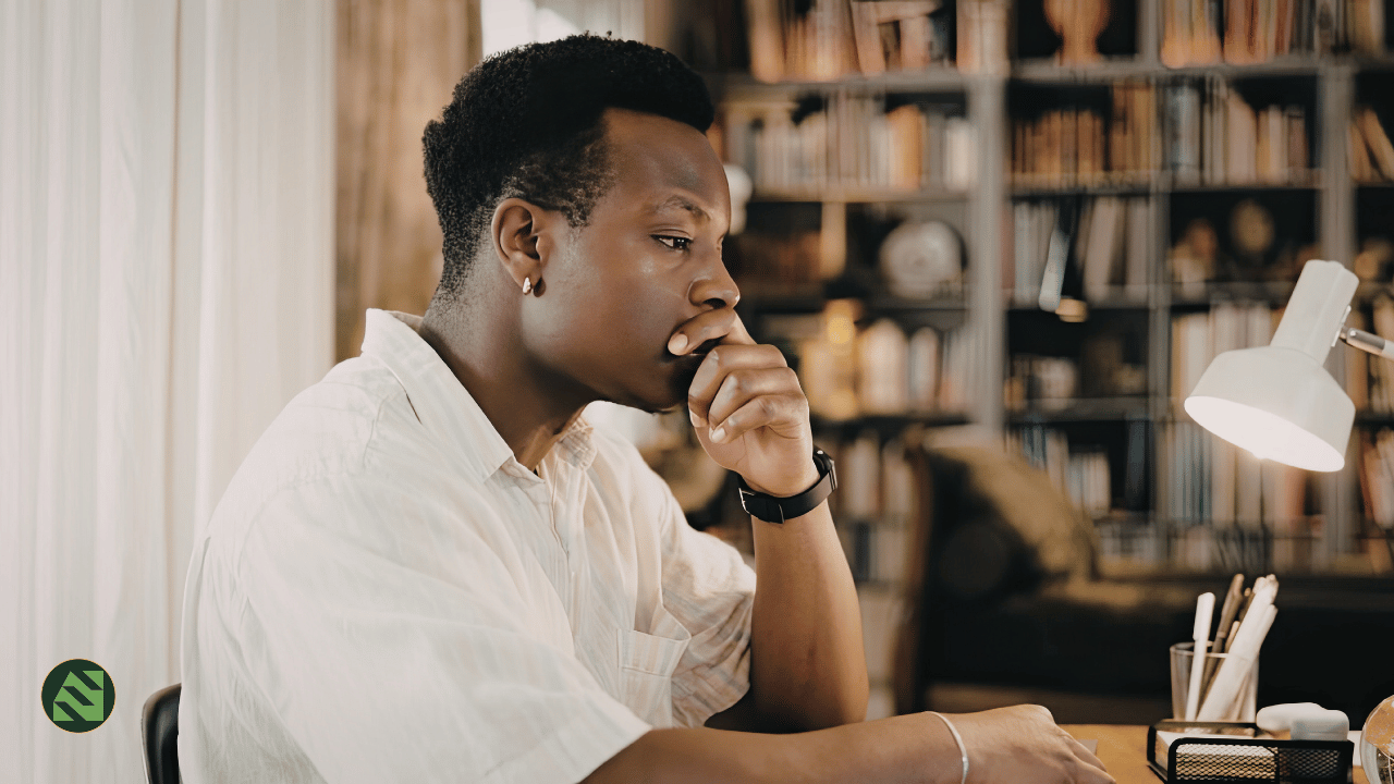 Anxiety reset for founders, thinking at desk