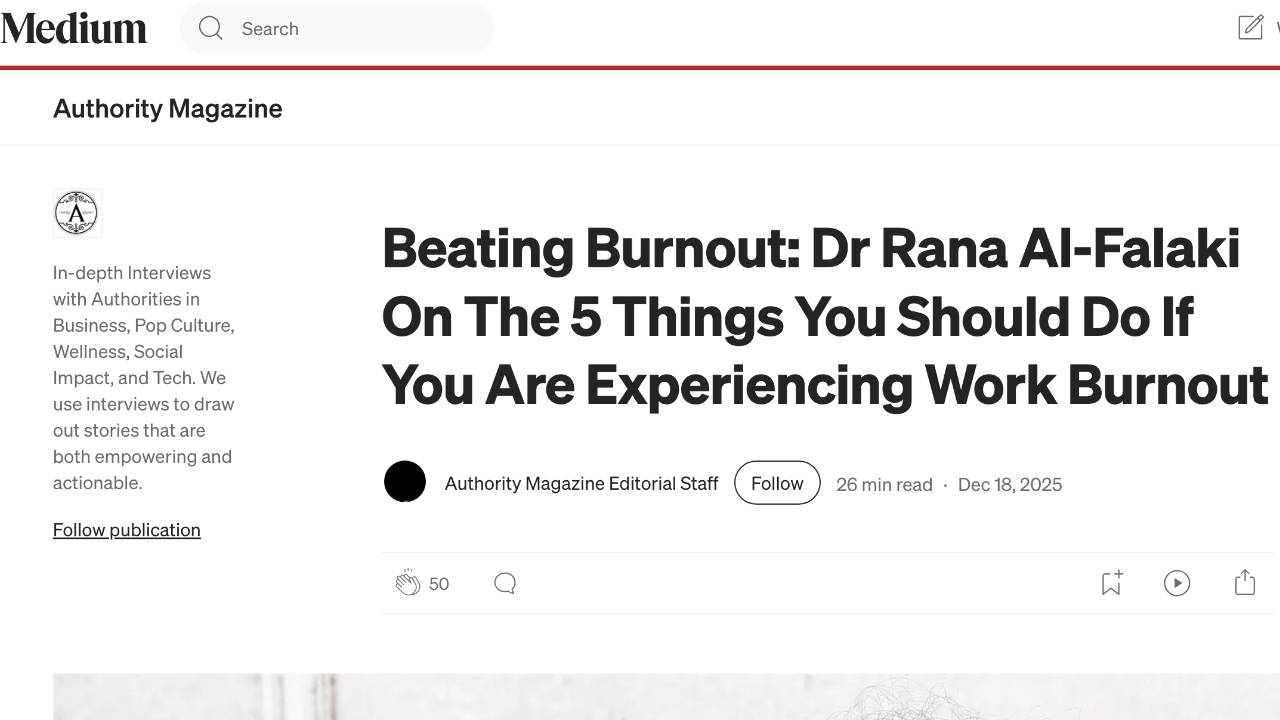 Authority Magazine features Dr Rana Al-Falaki on 5 ways to prevent burnout — redefining performance, wellbeing, and leadership in dentistry.