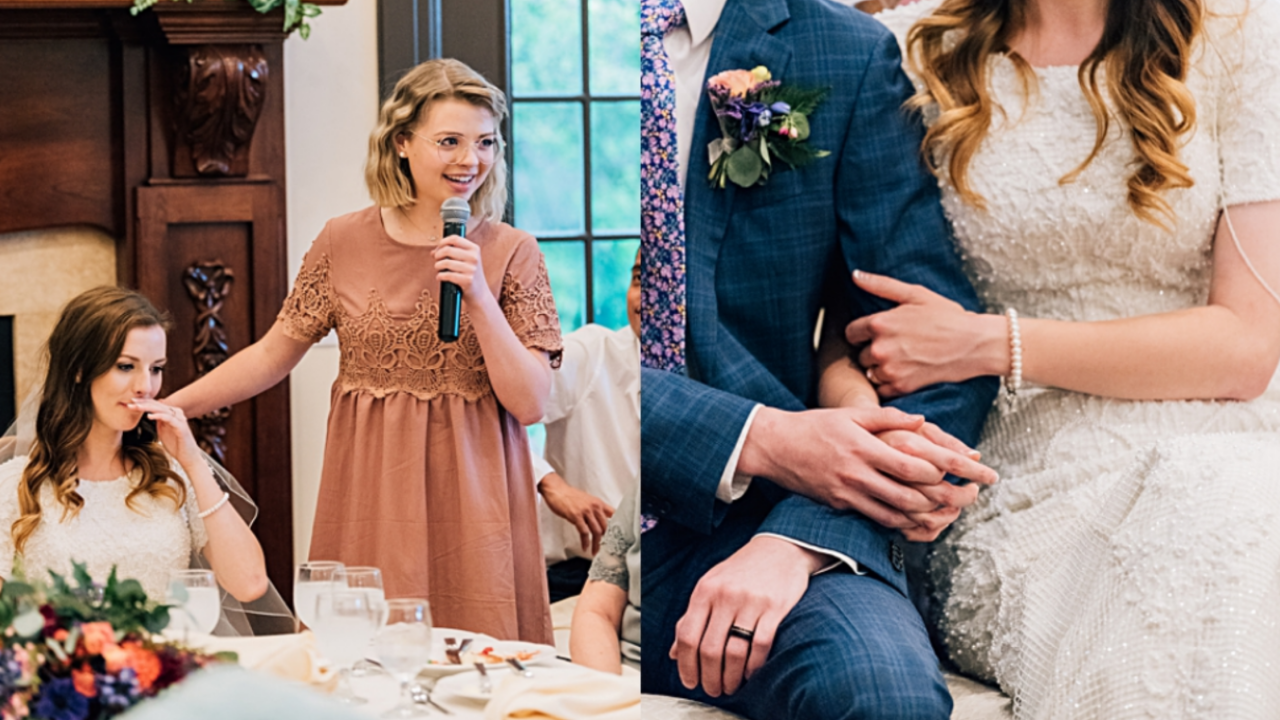 Bride and groom seated together at a wedding reception while a guest gives a heartfelt speech, representing the tradition of toasts and celebration.