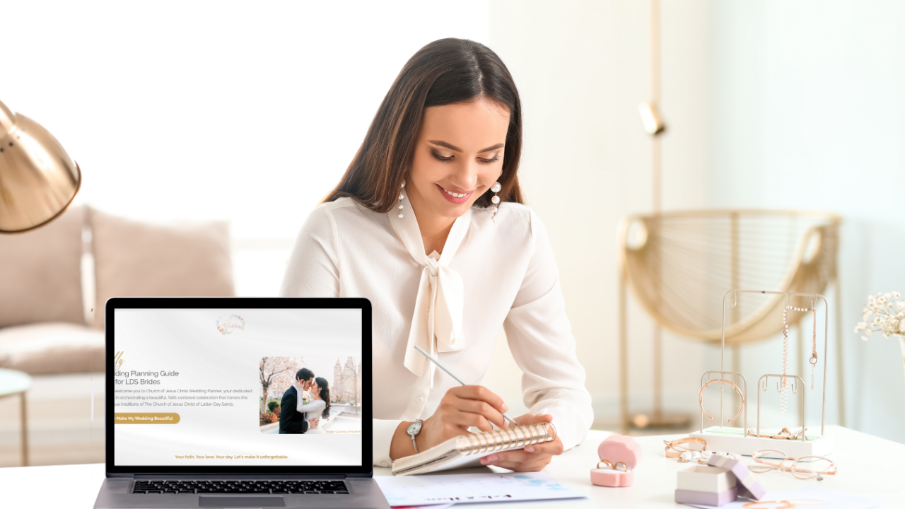 Smiling LDS bride writing in notebook with laptop open to LDS Wedding Planning Apps page