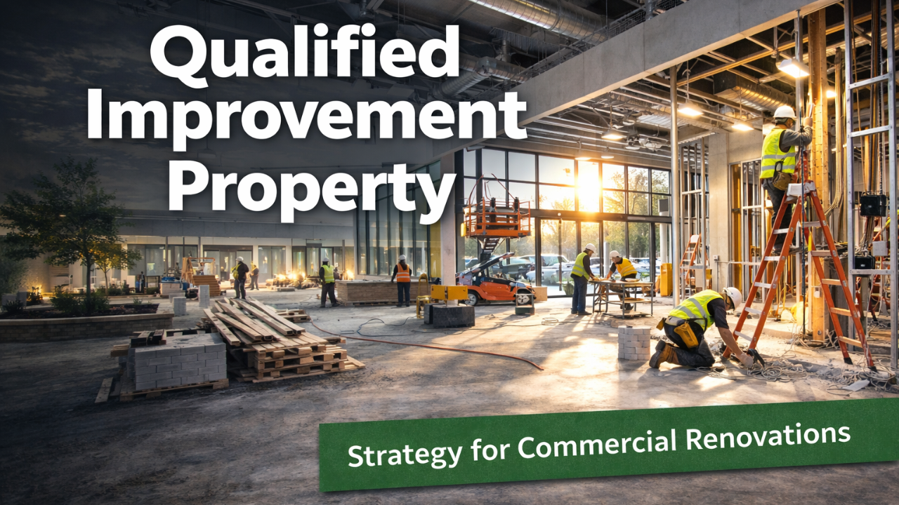 Commercial office renovation scene with construction professionals reviewing plans and visual elements representing tax savings through Qualified Improvement Property and accelerated depreciation.