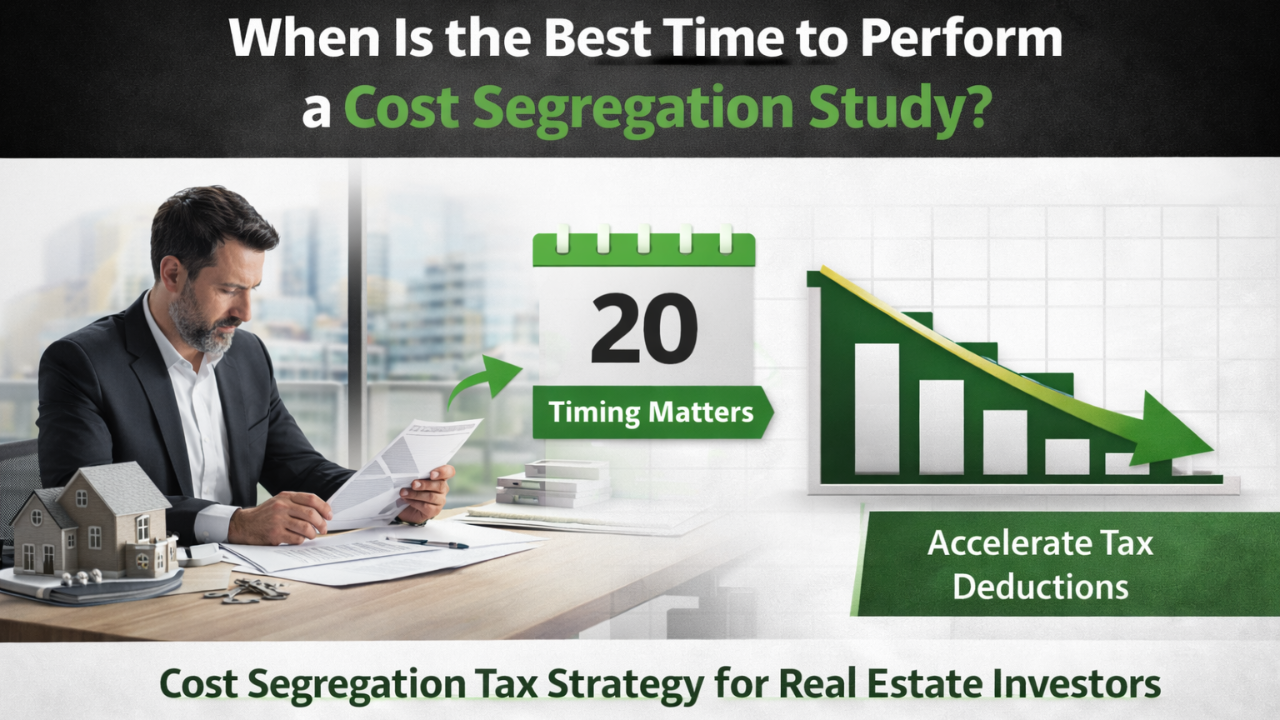 CostSegRx infographic showing when real estate investors should perform a cost segregation study to accelerate depreciation, improve tax strategy, and increase cash flow.