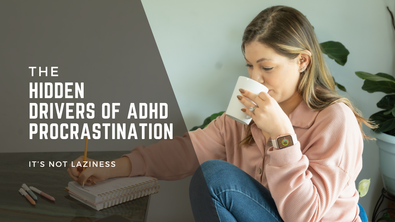 Close-up of a focused woman with ADHD working at her desk drinking from a cup.