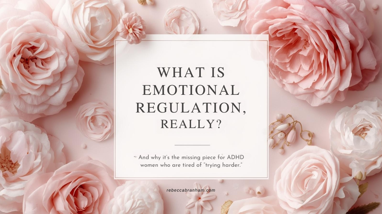 Soft pink floral background with text reading “What Is Emotional Regulation, Really? — And why it’s the missing piece for ADHD women who are tired of trying harder,” blog header image for Rebecca Branham Coaching.