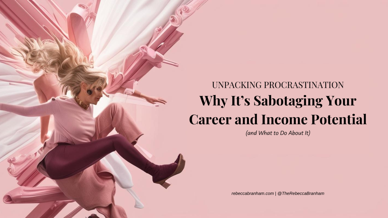 Promotional graphic for blog post titled 'Unpacking Procrastination: Why It’s Sabotaging Your Career and Income Potential' featuring a woman in pink leaping among oversized office supplies against a pink background, emphasizing the dynamic challenge of tackling procrastination for female entrepreneurs.