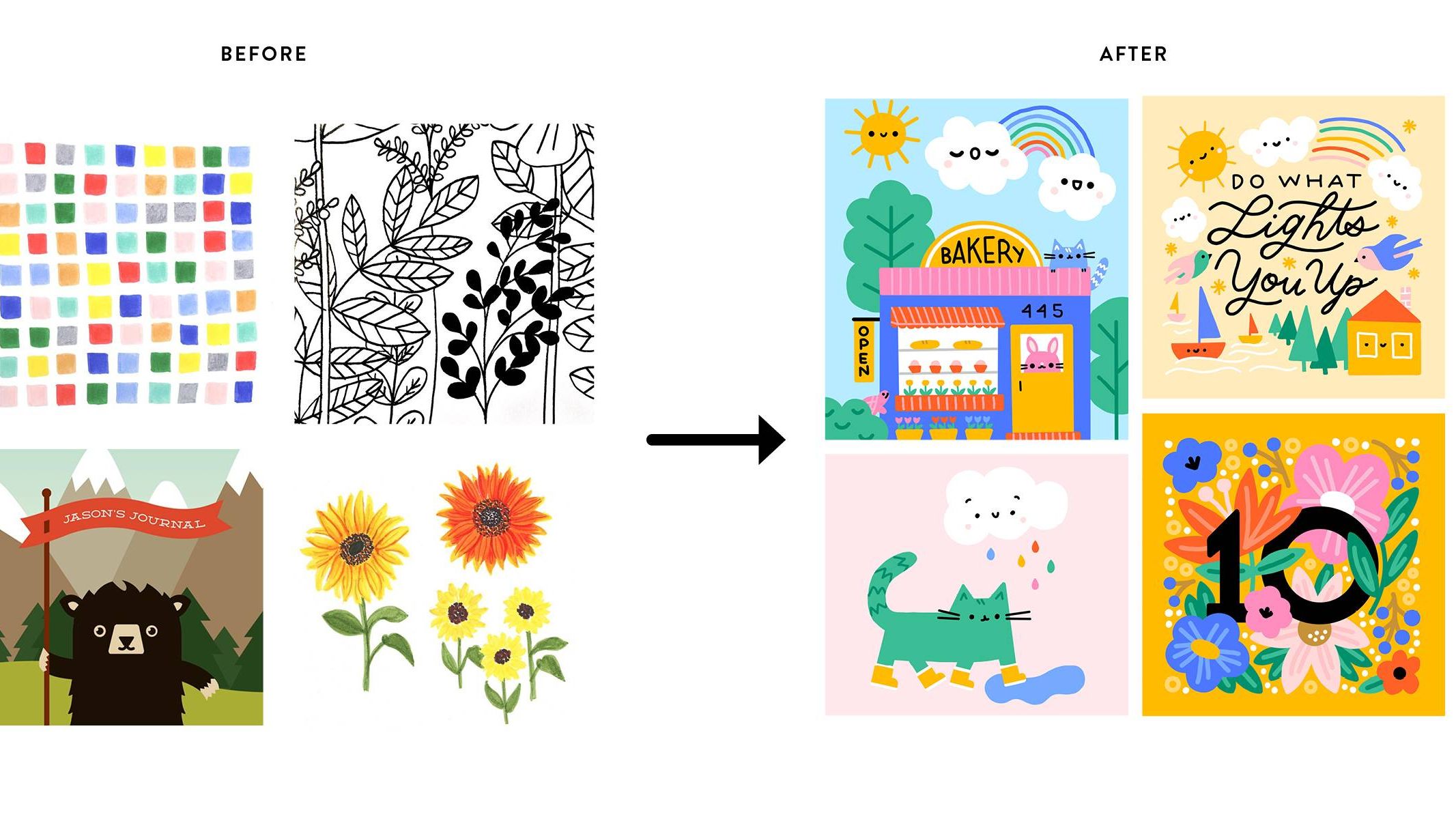 On the left: my work before I discovered my signature style. On the right: my work after I found my voice and my repeatable process for making art I love.
