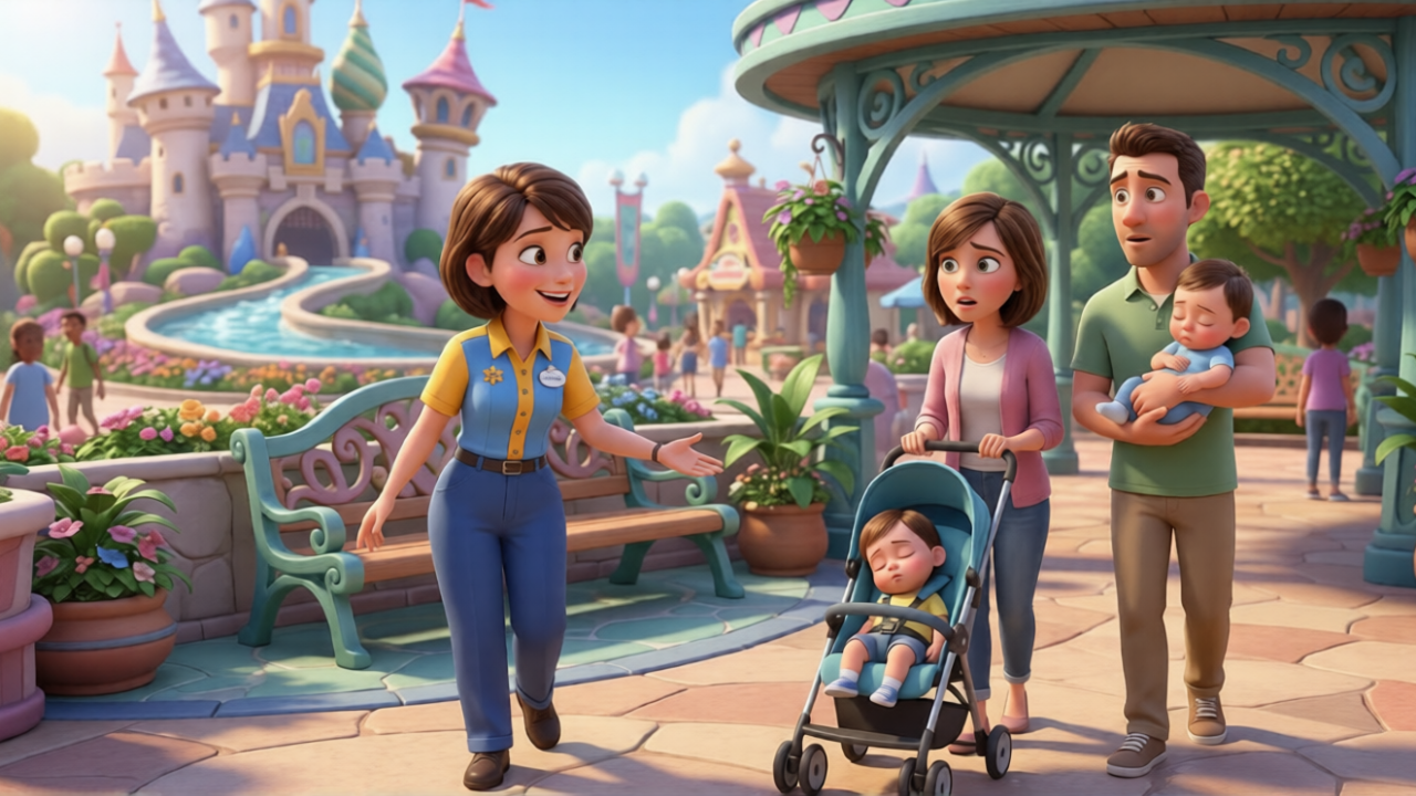 Disney cast member helping confused guest in theme park