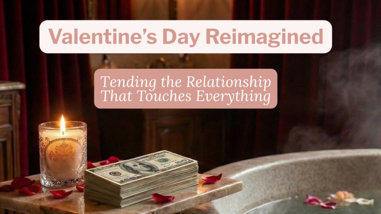 A stack of cash, a lit candle, and rose petals on a marble tray next to a bathtub for a Valentine’s Day money tending ritual.