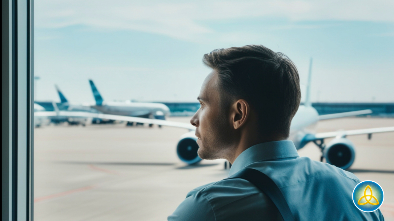 Professional man in a dress shirt gazing out an airport terminal window at planes on the tarmac, lost in thought — representing the hidden inner struggle of high-achieving men who appear successful but feel unfulfilled. Journey Mindfulness logo in corner.