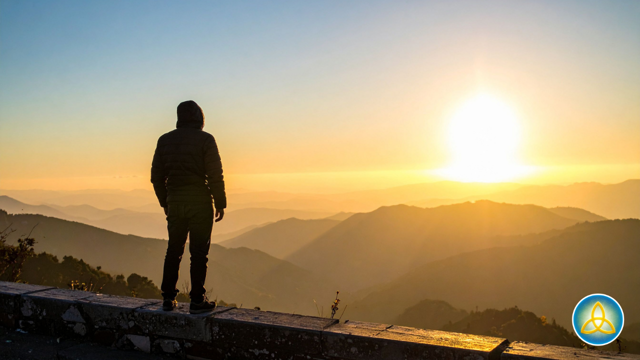 Person standing on mountain edge at sunrise overlooking misty peaks — why therapy isn't enough to reach the deeper wound. James O'Neill, LCPC
