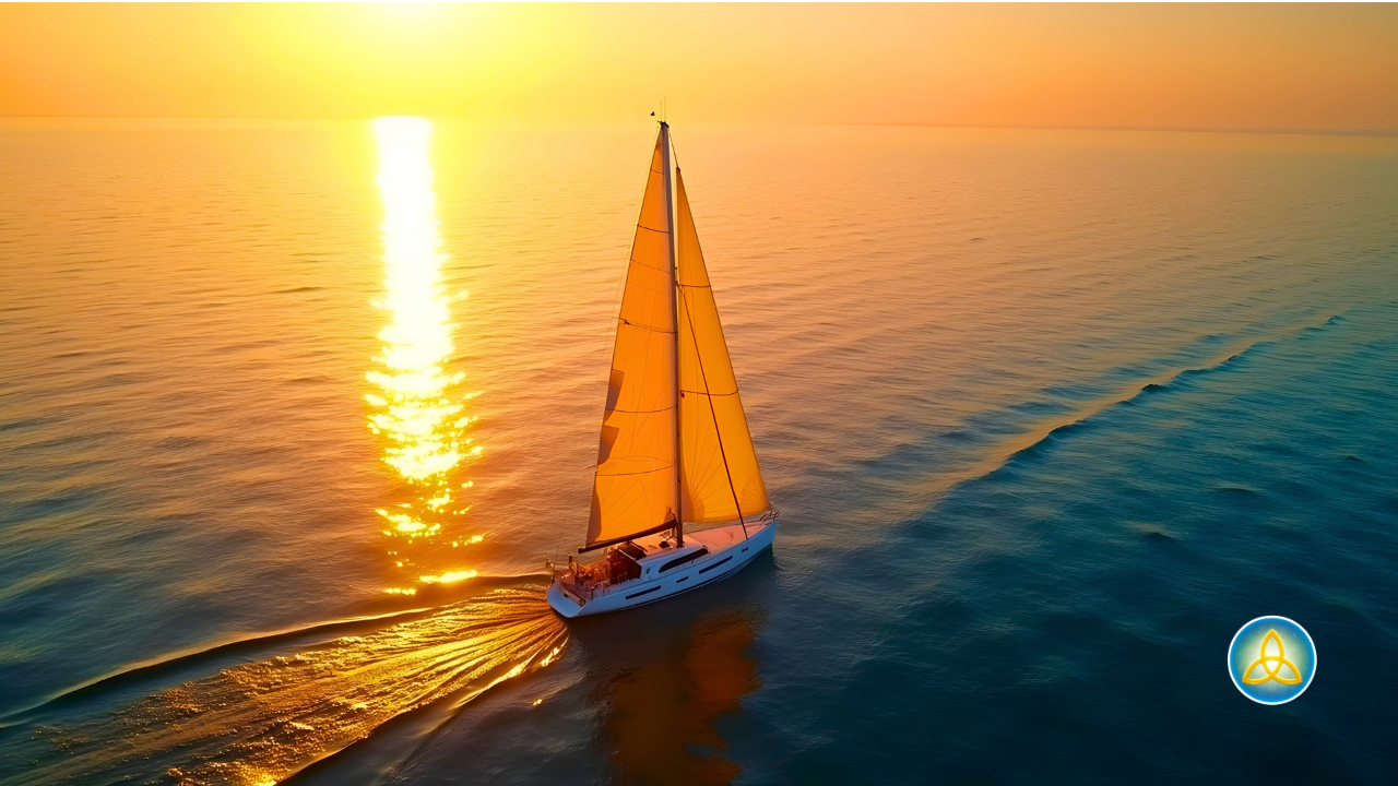 A sailboat with golden sails moves across calm open water at sunrise, its reflection stretching along the surface as warm light fills the horizon, symbolizing the heart's sail catching the wind of intention.