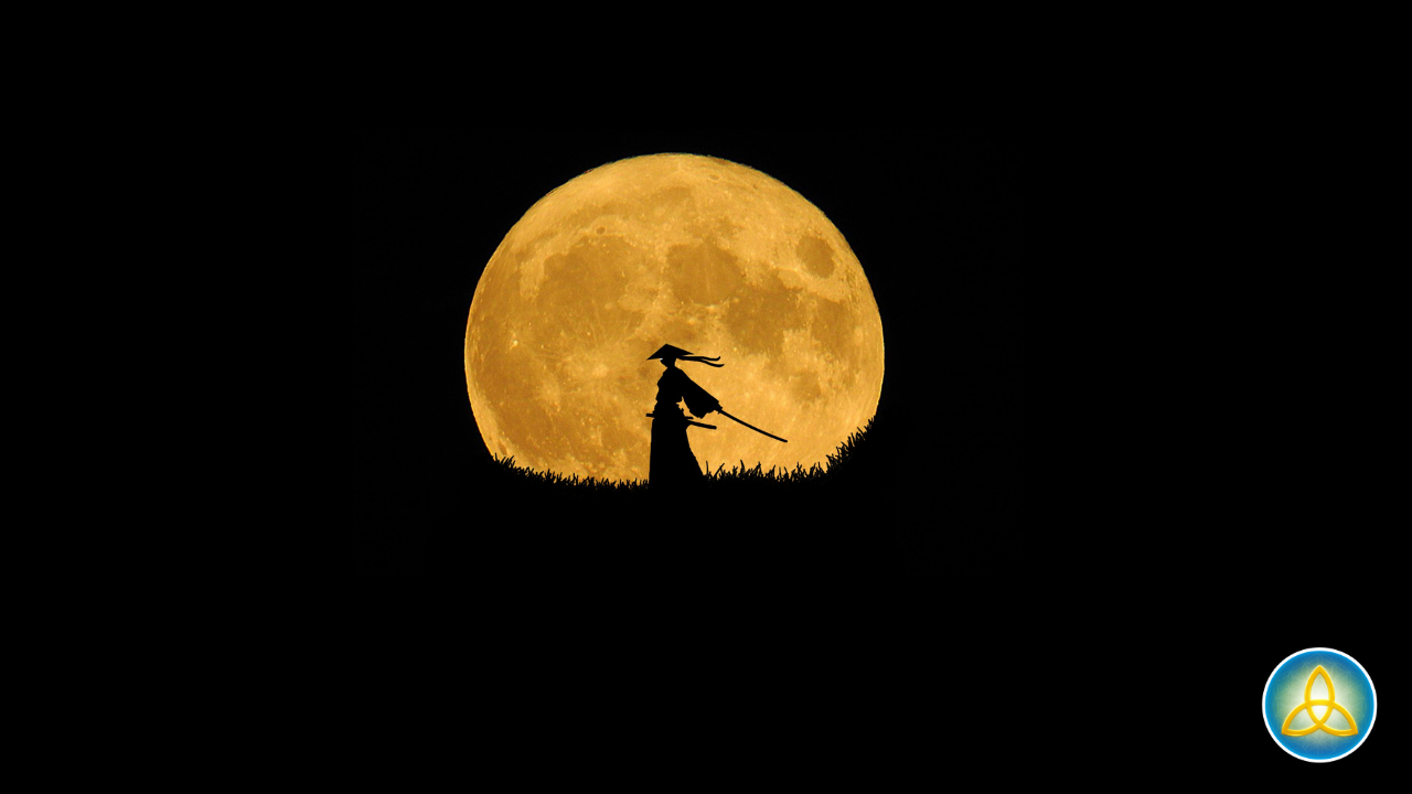 Silhouette of a lone traveler standing beneath a full moon in darkness, symbolizing the Hero’s Journey and a quiet moment of personal transformation.