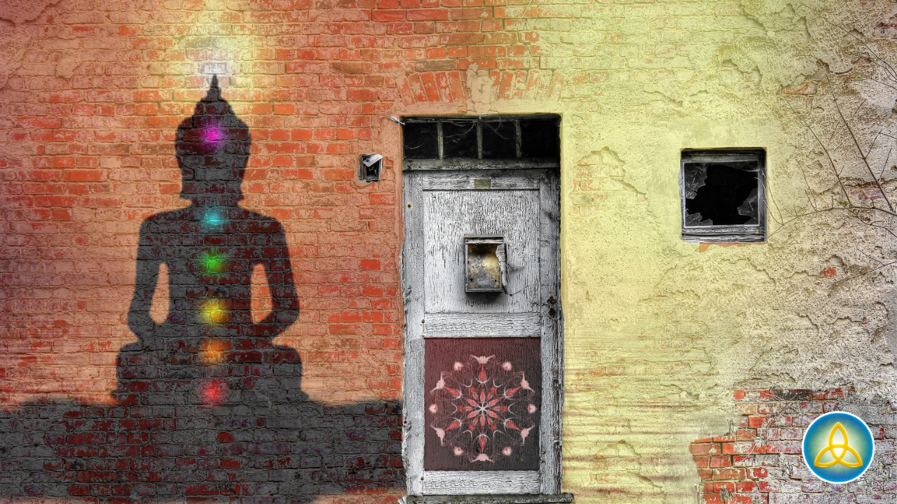 Meditation silhouette with glowing chakras representing somatic release and Vipassana practice for healing stored trauma in the body