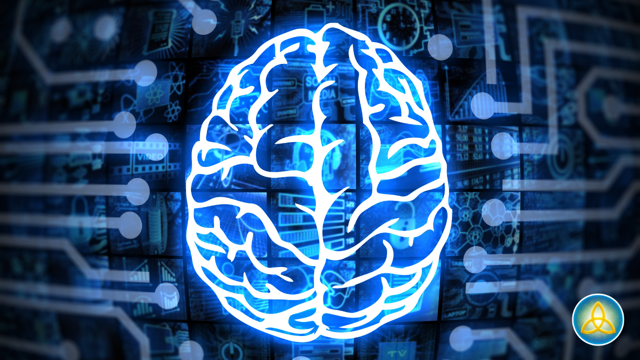 Glowing blue brain illustration surrounded by digital circuit patterns, representing the neuroscience of mindfulness and neuroplasticity