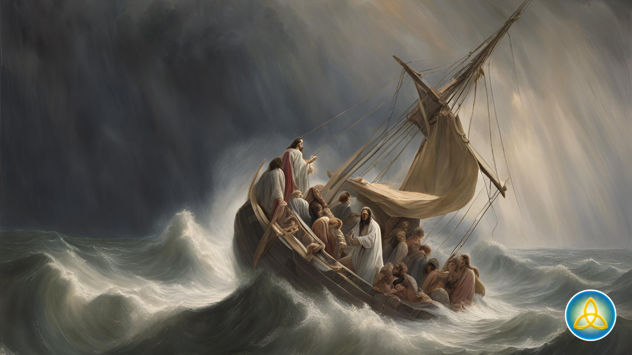 Painting of a boat in a storm with figures and light breaking through dark clouds