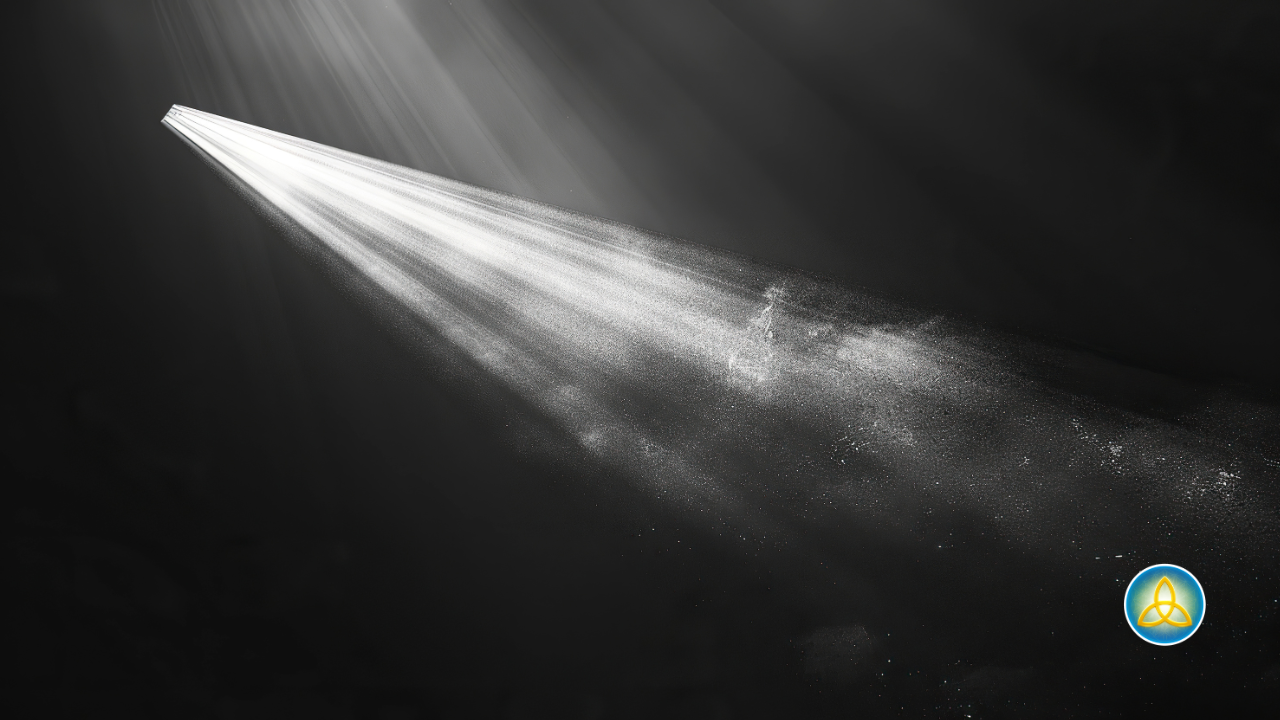 A beam of light breaking through darkness, illuminating particles of dust suspended in the air, with the Journey Mindfulness logo in the lower right corner.