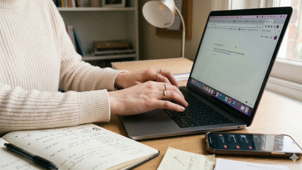 solopreneur working calmly at clean workspace on laptop