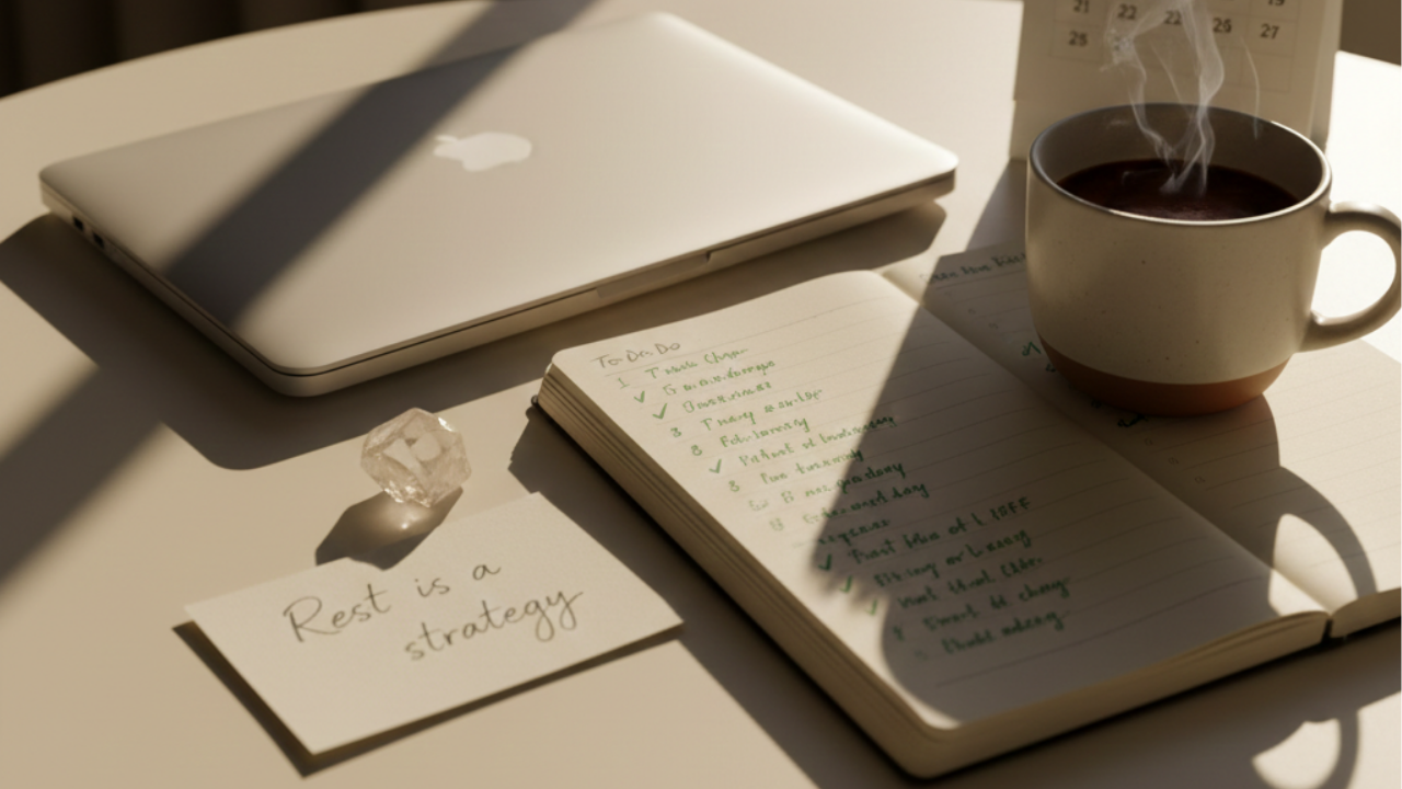 Peaceful desk with closed laptop, checked-off to-do list, warm cacao, and calendar showing time off, representing intentional year-end closure without burnout.