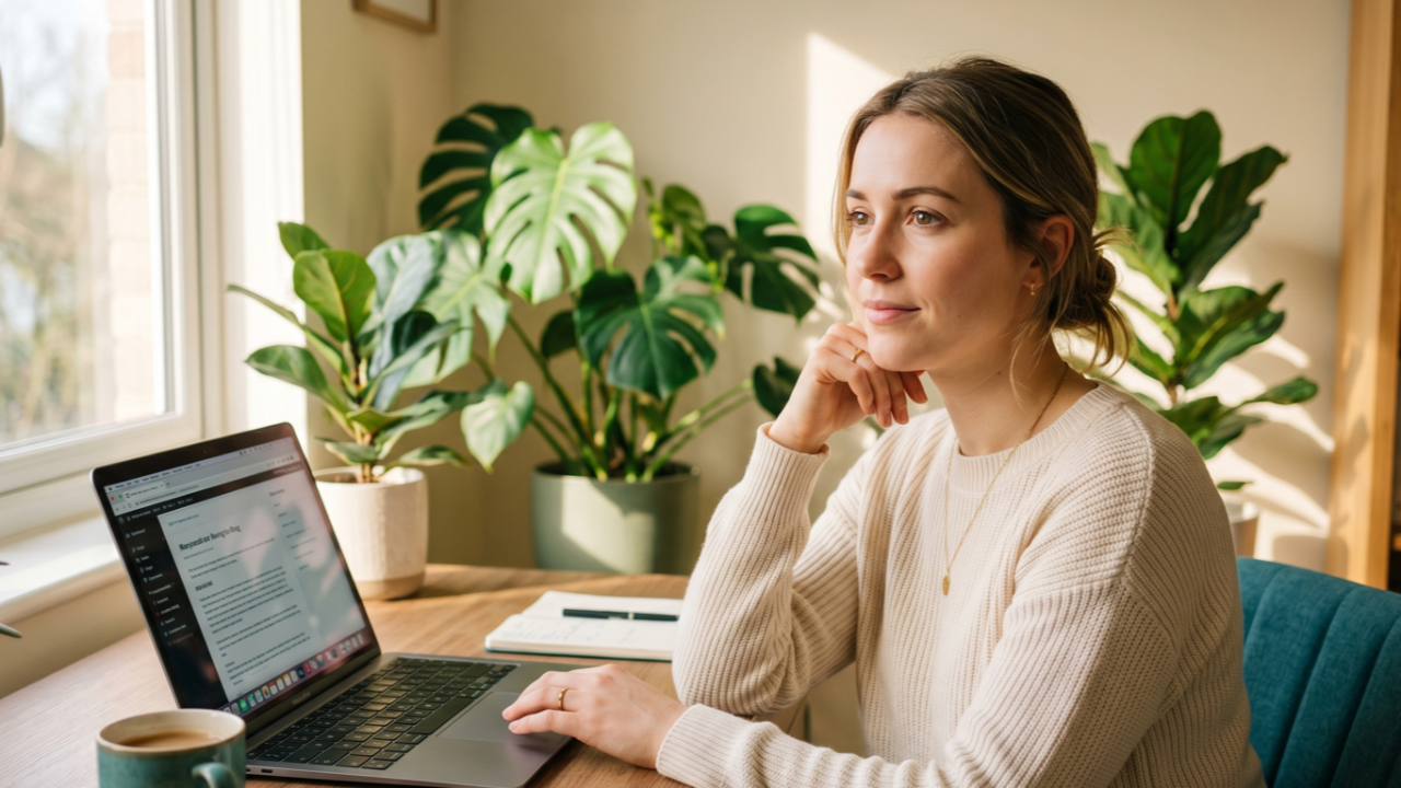 Woman pausing thoughtfully at her laptop, recognizing the nervous system pattern behind why her business systems haven't been sticking