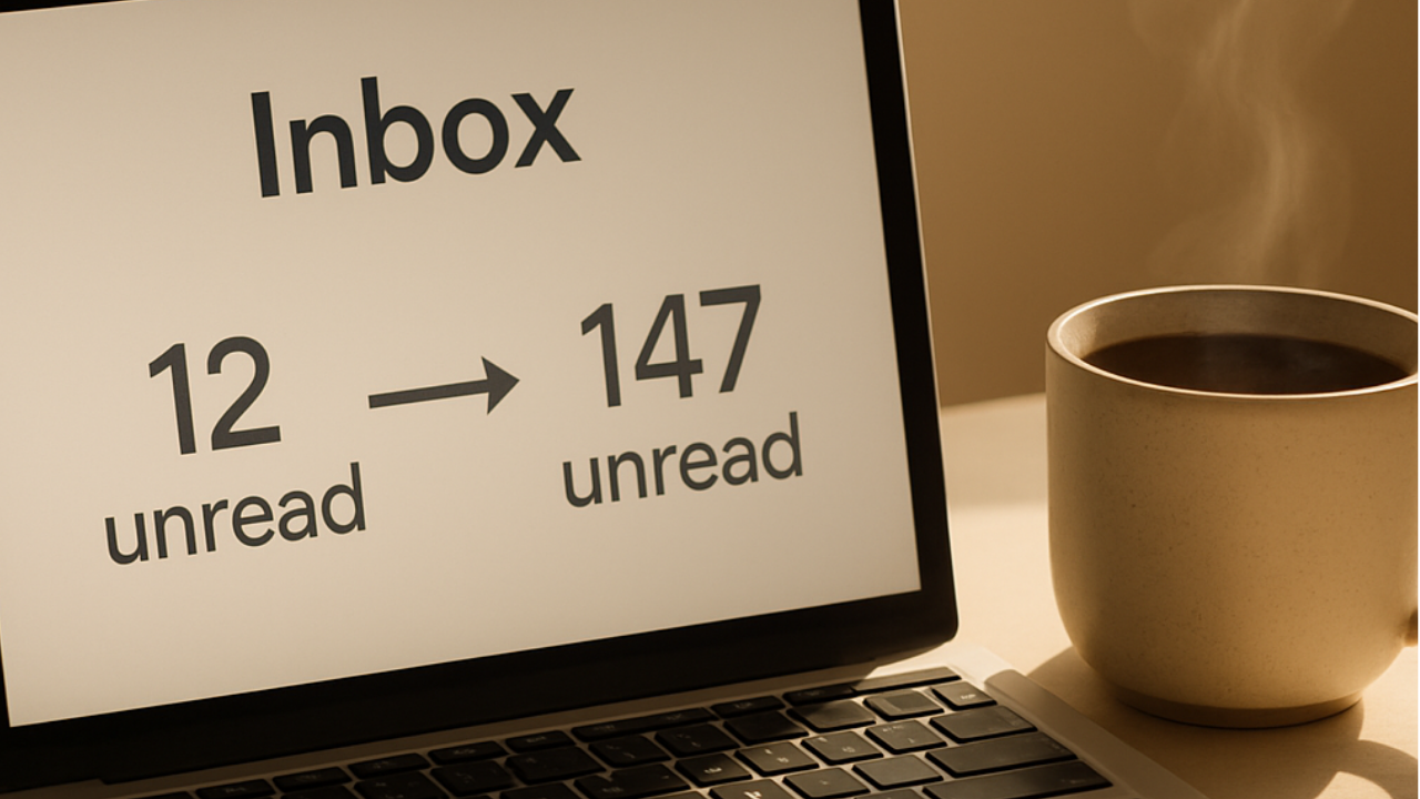 Laptop showing email inbox count decreasing from overwhelm to calm, with peaceful workspace and warm morning light representing inbox zen approach