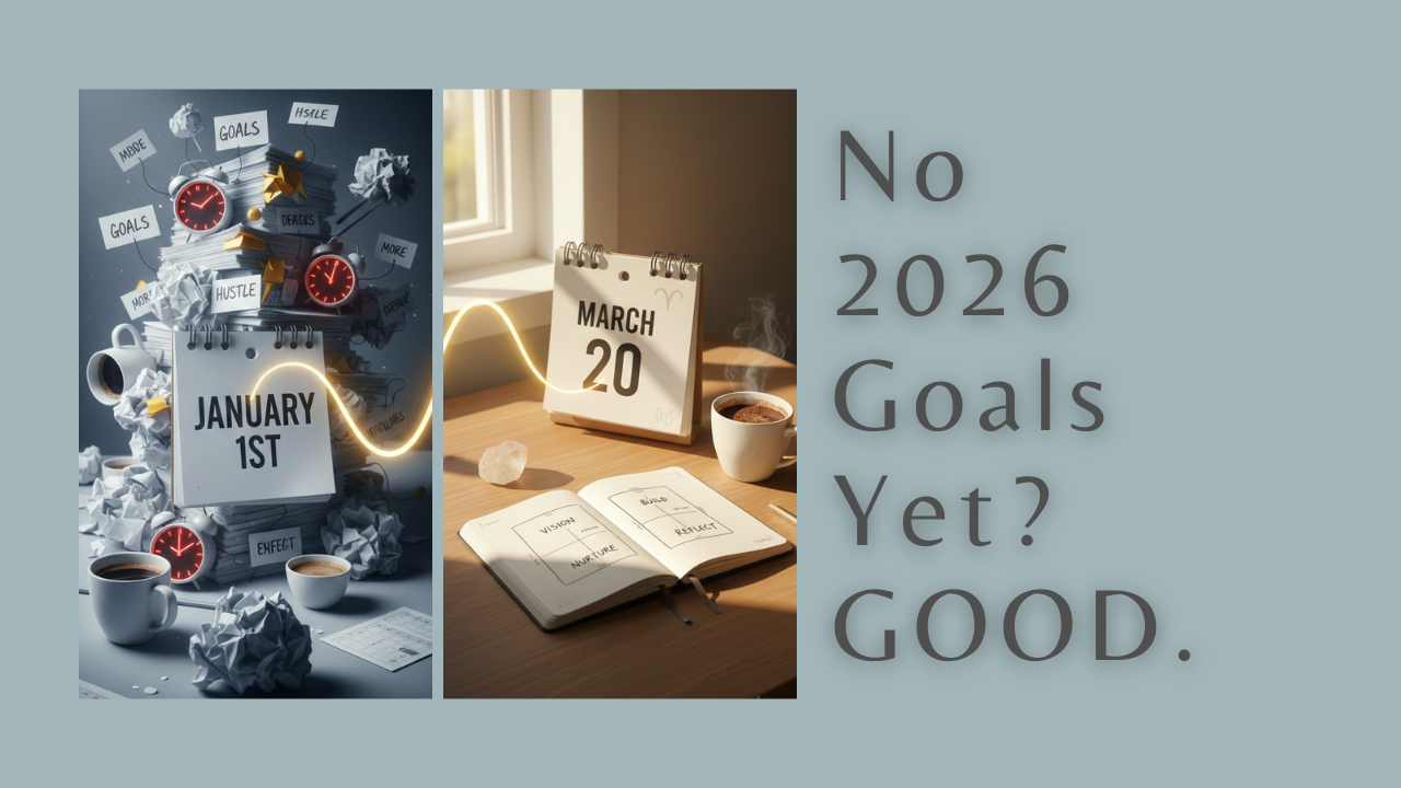 Split image showing stressful January resolution culture versus calm March infrastructure-building approach with organized workspace and peaceful morning light representing sustainable business planning.
