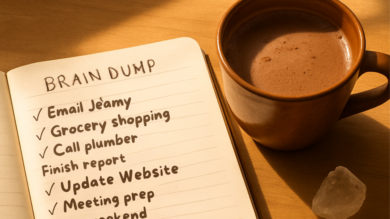 Open journal showing brain dump of tasks with some items crossed off, warm cacao nearby, representing closing mental loops and finding peace from the Zeigarnik Effect