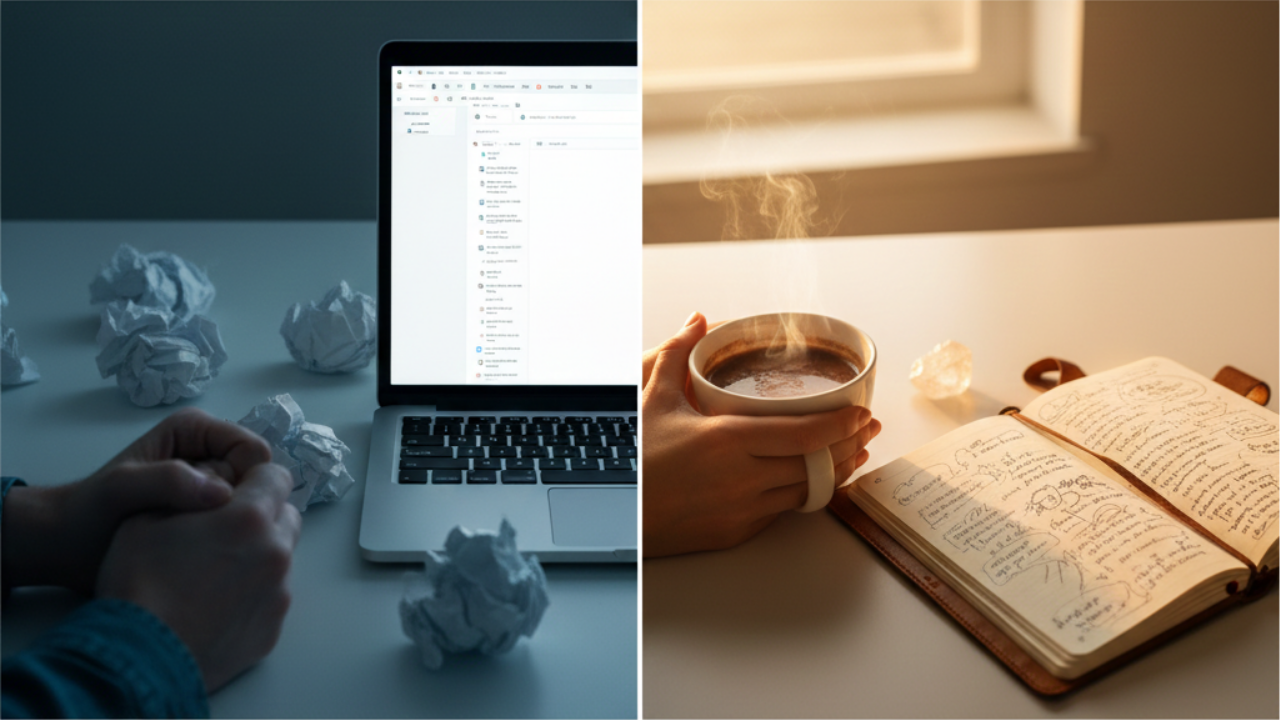 Workspace showing transformation from content creation paralysis to flow, with laptop, messy draft notes, and warm cacao representing nervous system shift from freeze to creative permission