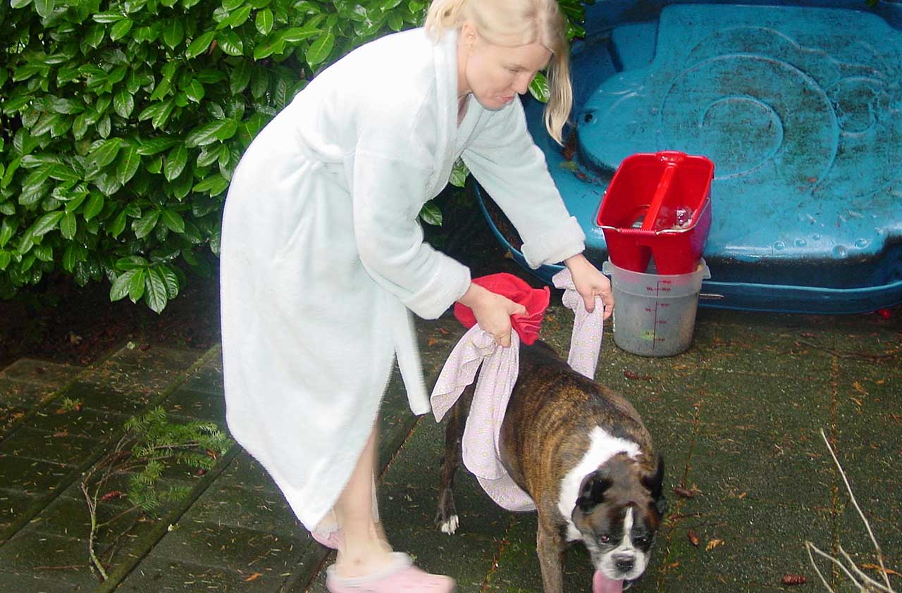 AHELP Project - Michelle Nichols holding up Sora iwth a towel technique so that Sora could get around in the backyard. Caring for Sora was a job with very few breaks &mdash; and I felt, my duty to her as a Human DOING